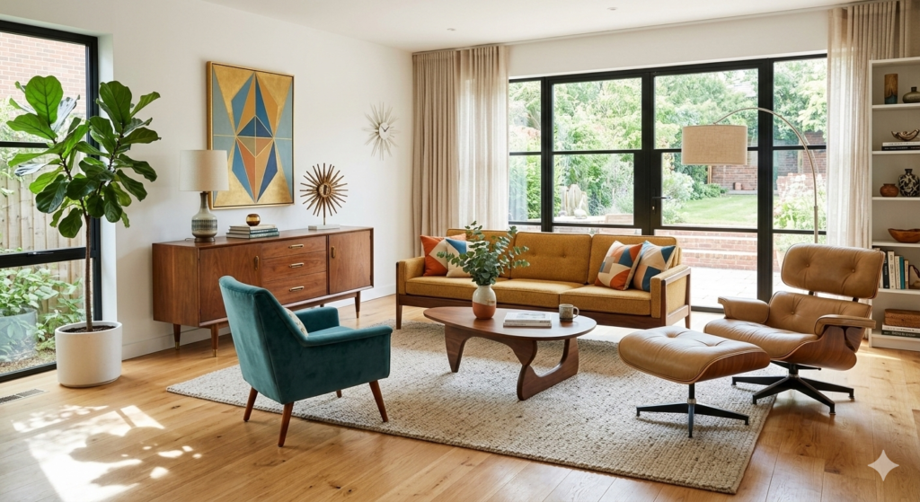 A modern dining table furniture set in a minimalist open-plan living room.
