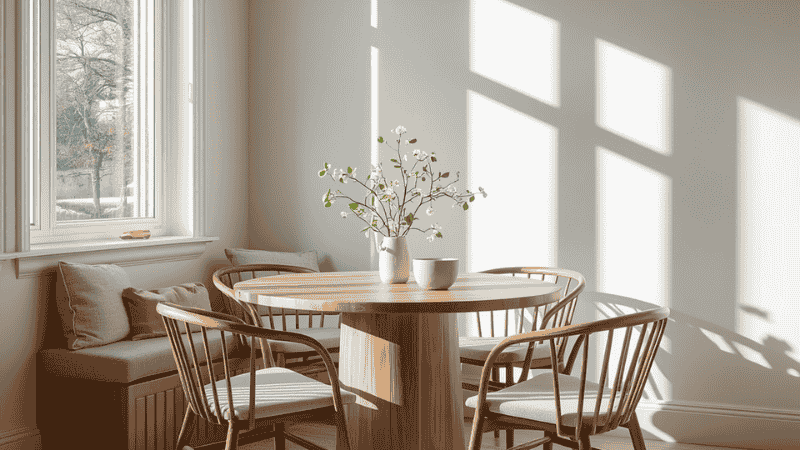 A minimalist sun-drenched breakfast nook featuring a 48-inch white oak pedestal dining table with four wishbone chairs on a neutral round rug.
