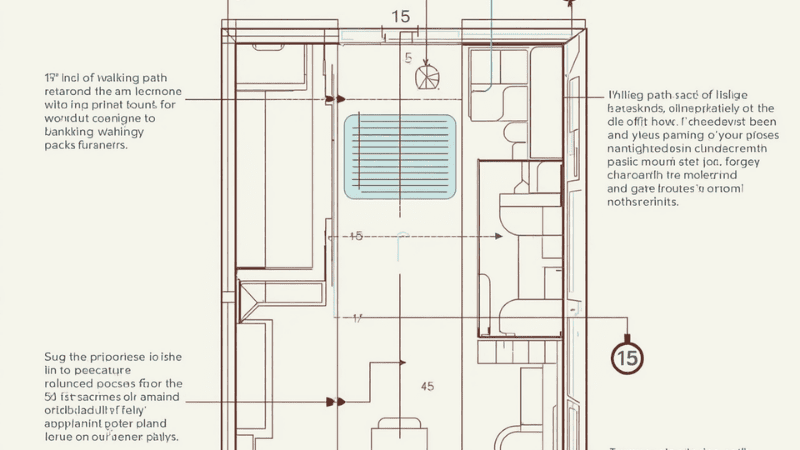 An overhead interior design diagram showing the 36-inch clearance rule and 15-inch walking path around a modern side table in a studio apartment.