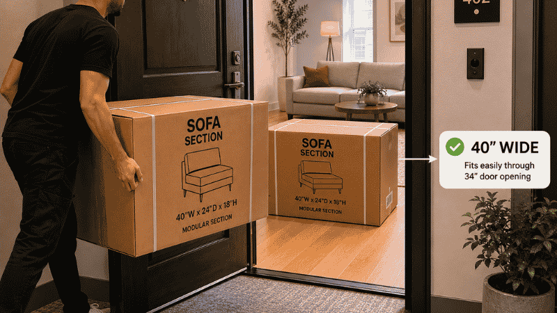 Two modular sofa sections being carried through a standard apartment doorway in separate manageable boxes, showing how modular delivery solves the tight-access problem for upper-floor apartments
