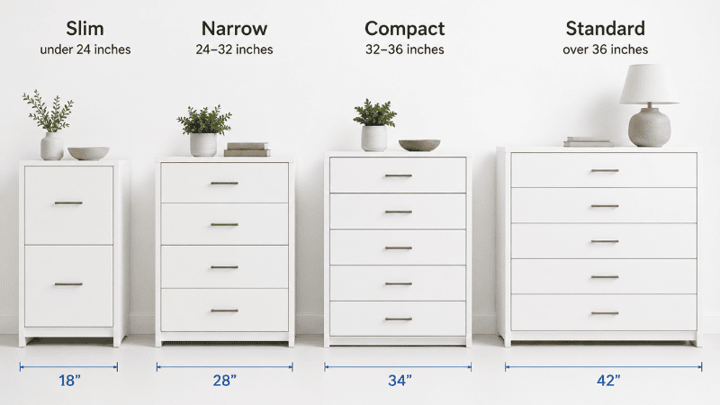 Four dressers shown side by side at different widths: under 24 inches slim, 24–32 inches narrow, 32–36 inches compact, over 36 inches standard — showing the visual size progression with width labels