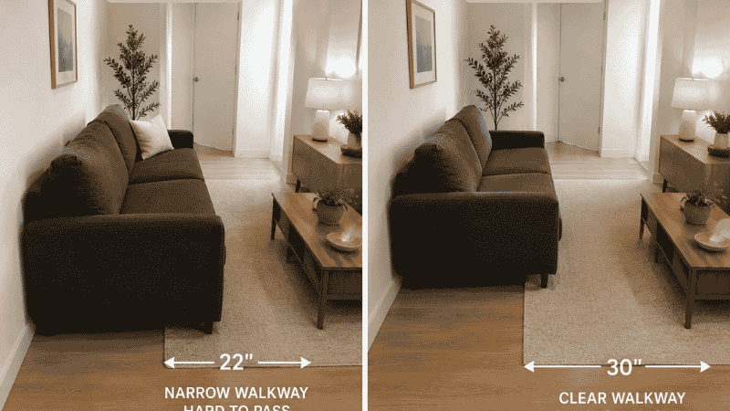 Side-by-side comparison of the same small living room: left with a standard 38-inch-deep sofa leaving a cramped 22-inch walkway, right with a narrow 30-inch-deep sofa leaving a comfortable 30-inch walkway, same room dimensions
