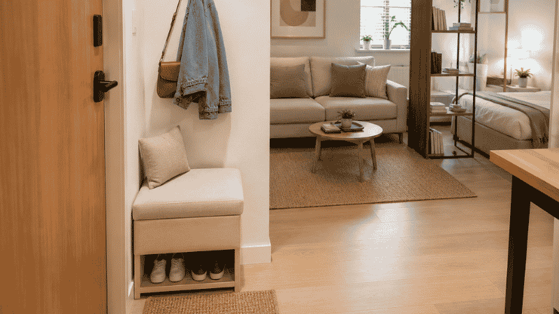 A studio apartment where the front door opens directly into the living space, a 28-inch storage bench placed just inside the door at 90 degrees creates a visual entry zone, separating the entry function from the living room beyond
