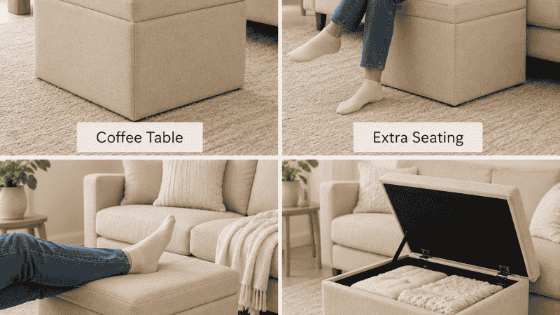 A square storage ottoman shown in four configurations: as a coffee table with tray, as extra seating with a person sitting on it, as a footrest with feet up, and with lid open showing folded throws inside