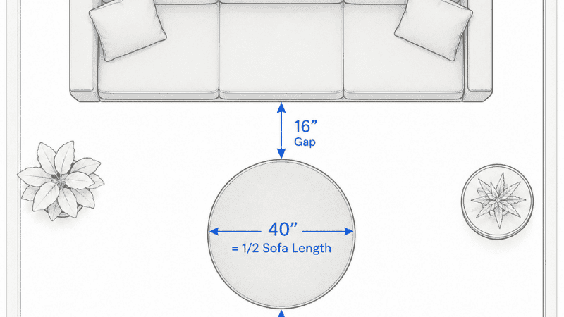 Top-down floor plan showing an 80-inch sofa with a 40-inch round ottoman centered 16 inches in front, annotation arrows showing the 1/2 sofa length sizing formula and 16-inch gap measurement