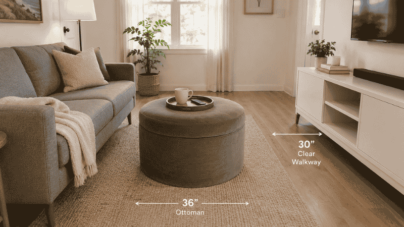 A round storage ottoman 36 inches wide used as a coffee table in a small living room, a round wooden tray with a mug and remote on top, positioned 16 inches from the sofa with visible 30-inch walkway clearance beyond it