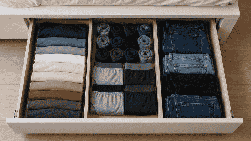 A platform bed drawer fully extended showing its interior organized with folded t-shirts in one section, rolled socks and underwear in another, and folded jeans in a third, demonstrating real storage capacity of approximately 29 x 18 x 6 inches
