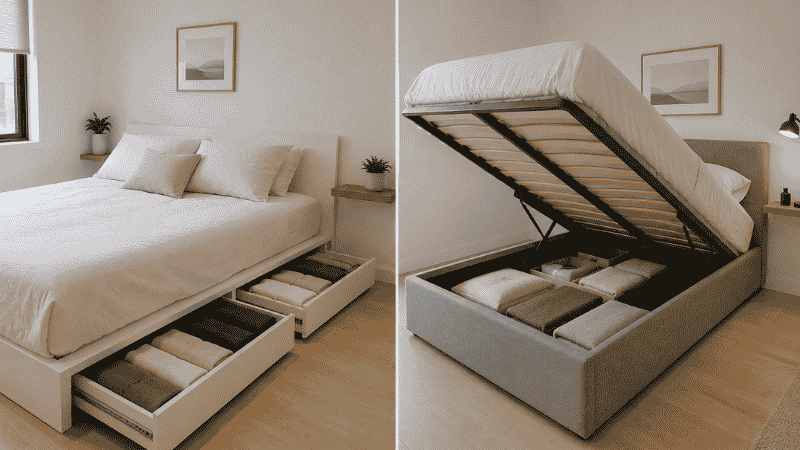 Side-by-side comparison of two storage bed types: left shows a standard platform bed with side drawers pulled open at floor level, right shows a hydraulic lift storage bed with the mattress raised revealing a large open storage cavity underneath
