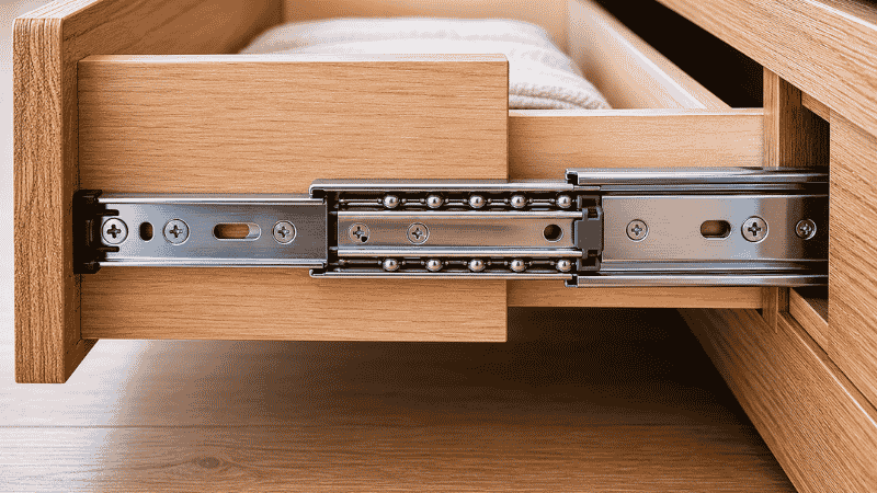 Close-up of a platform bed drawer fully extended showing the metal ball-bearing drawer slide mechanism on the side, with the entire drawer depth accessible and the smooth glide hardware clearly visible

