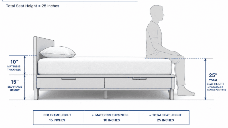 A side-profile diagram of a platform bed frame showing the 15-inch frame height plus a 10-inch mattress equaling 25 inches total seat height, with measurement annotations demonstrating how to calculate the final bed height
