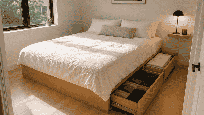 A small bedroom with a queen platform bed featuring four storage drawers, two open on the right side showing neatly organized folded clothing, no dresser visible in the room — demonstrating the dresser-replacement function

