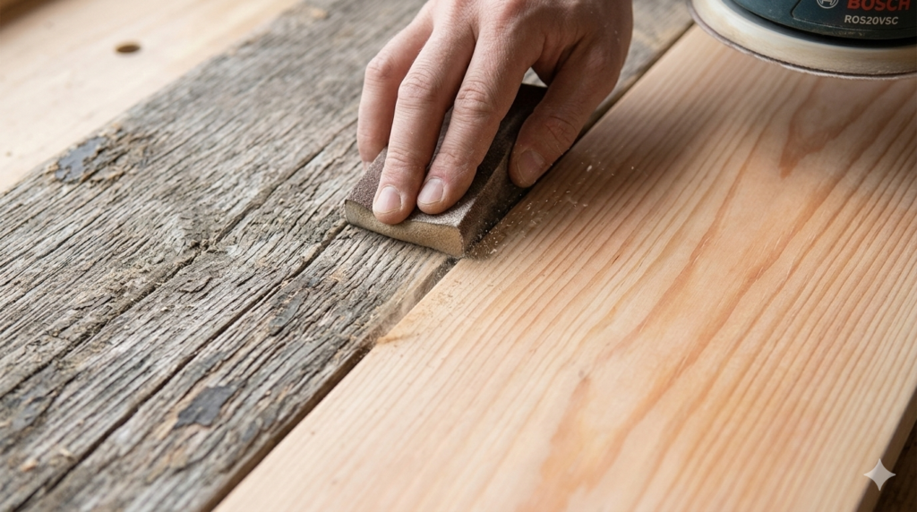 Macro shot showing the contrast between weathered grey wood and freshly sanded raw peach-toned pine grain.