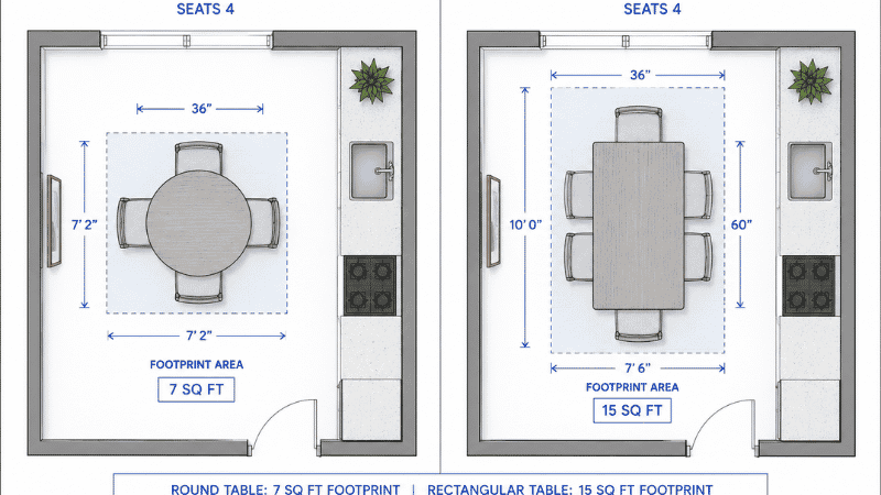 Side-by-side top-down comparison: left shows a 36-inch round table seating 4 people in a compact circular arrangement, right shows a 36x60-inch rectangular table also seating 4 but at 2.5 times the floor footprint