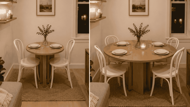 A round extendable dining table shown before and after extension: left as a 30-inch round table for daily use by two people, right extended to a 48-inch oval with a leaf inserted seating four guests for dinner