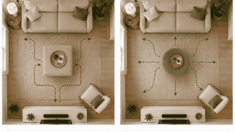 Side-by-side comparison of the same small living room: left shows a square ottoman with sharp corners requiring corner-avoidance navigation, right shows a round ottoman allowing free-flowing circulation around it from any angle