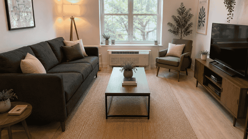 A shared apartment living room with an 82-inch sofa against the main wall and one accent chair angled toward it, seating four people while keeping a clear central walkway — showing the sofa plus chair alternative to a sectional