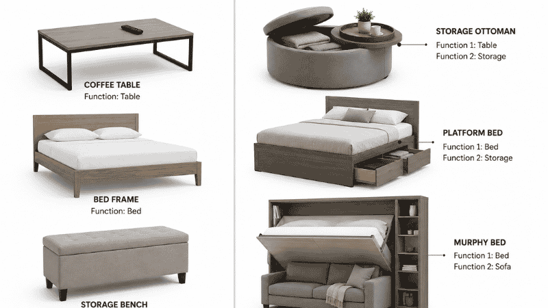 Split comparison showing single-function furniture on the left — plain coffee table, separate storage bench, standard bed — versus dual-function equivalents on the right — storage ottoman, murphy bed, platform bed with drawers — at the same floor footprint
