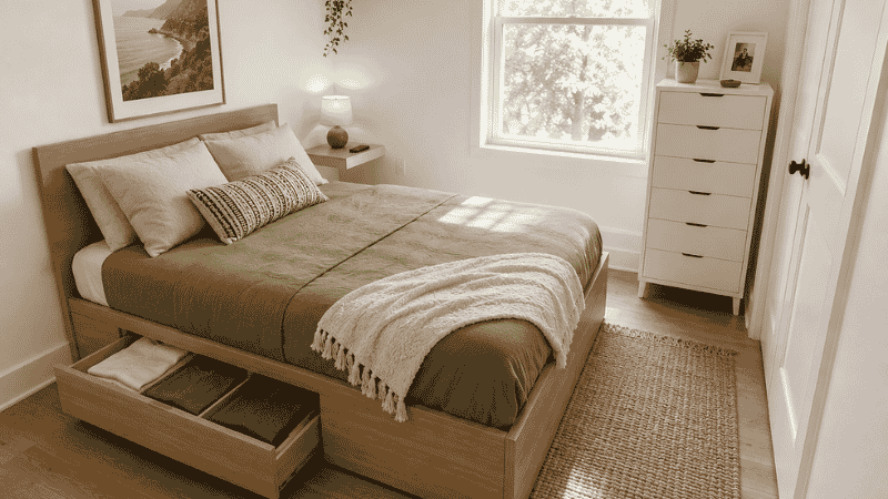 A small apartment bedroom with a queen platform bed with storage drawers open on one side, a 28-inch narrow dresser in the gap beside the closet, and a floating shelf as nightstand — showing the bedroom storage furniture system
