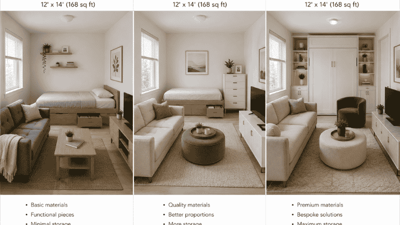 Three small apartment living areas shown side by side at different budget levels: under $2,000 with minimal essential pieces, $2,000–$5,000 with quality materials and complete setup, and $5,000+ with custom dimensions and premium finishes
