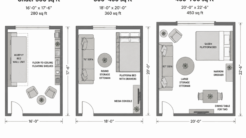 Three floor plan diagrams side by side showing recommended furniture layouts for apartments under 300 sq ft, 300–450 sq ft, and 450–700 sq ft, with furniture footprints labeled and scaled correctly
