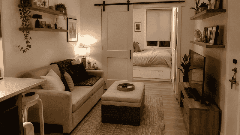 A well-furnished small apartment showing correctly sized furniture in every zone — a compact sofa with storage ottoman in the living area, platform bed with storage drawers visible through the bedroom doorway, floating shelves on the walls, all pieces correctly proportioned for the space
