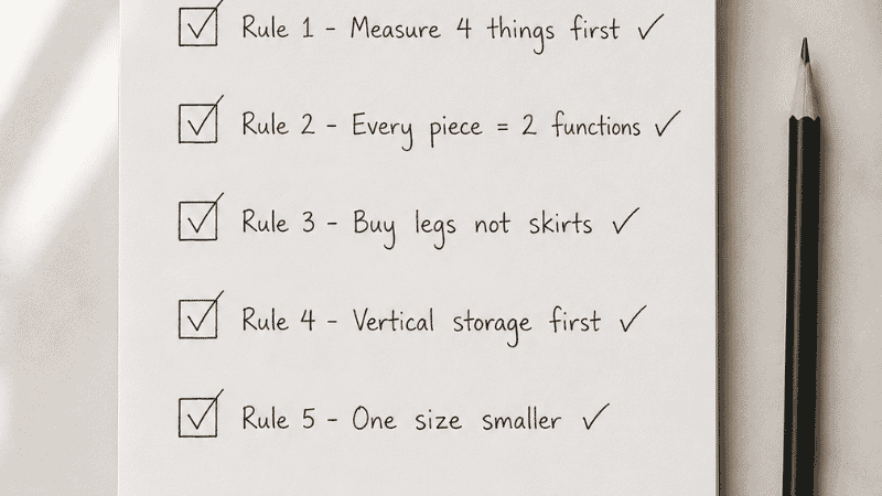 A clean handwritten notepad checklist showing the five small apartment furniture buying rules: measure four things, every piece serves two functions, buy legs not skirts, vertical storage first, one size smaller than feels right
