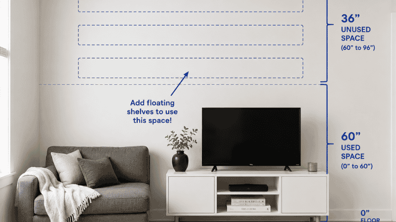 A small apartment wall split into two halves: bottom 60 inches occupied by a sofa and media console, top 36 inches completely empty — with an annotation arrow pointing to the unused upper wall zone and a floating shelf shown as the solution
