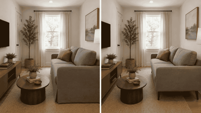 Before and after showing the same small living room: left with a skirted-base sofa sitting flush to the floor looking heavy and space-consuming, right with the identical sofa on 5-inch tapered legs showing floor beneath and making the room feel more open
