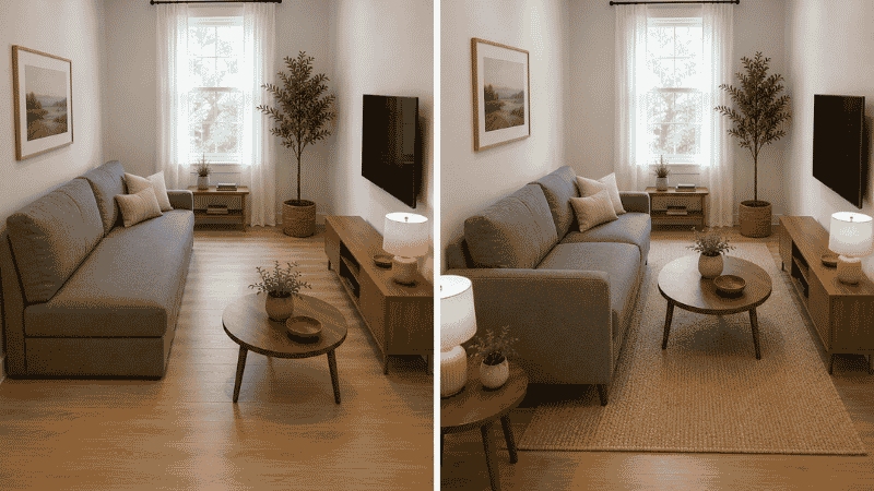 Before and after of a small living room: left shows the sofa pushed flush against the wall creating a waiting room effect with dead center floor space, right shows the same sofa pulled 6 inches forward with the coffee table re-centered creating an intentional seating zone
