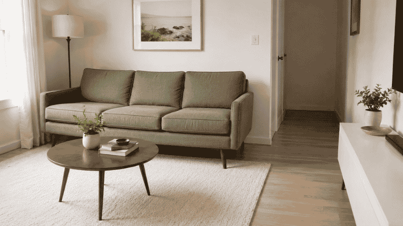 A small living room with a correctly sized 78-inch sage green sofa on tapered wood legs pulled 5 inches from the white wall, a 30-inch round coffee table 18 inches in front, and a clear 34-inch walkway visible on the right side
