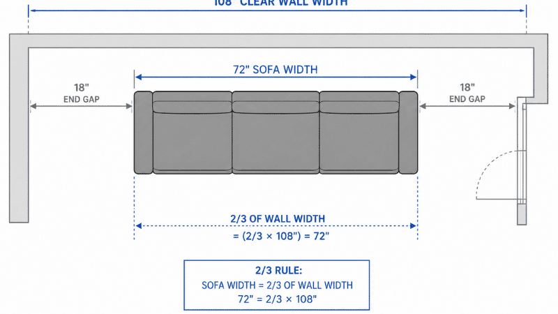 Top-down floor plan showing a small living room wall 108 inches wide with a sofa spanning exactly 72 inches — two-thirds of the wall — with 18 inches of empty wall space on each side, demonstrating the 2/3 sizing rule
