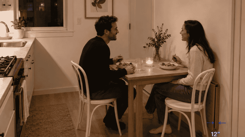A small apartment kitchen showing a drop leaf dining table with both leaves raised seating two people for dinner, the table's slim 12-inch profile visible against the wall showing how compact it becomes when not in use