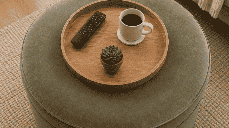 A 15-inch round natural wood tray on a round storage ottoman holding exactly three items: one TV remote, one white ceramic mug on a coaster, and one small succulent plant — demonstrating the three-item maximum tray rule