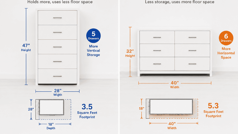 Side-by-side comparison: left shows a tall narrow dresser 28 inches wide and 47 inches tall with 5 drawers on a 3.5 sq ft footprint, right shows a short wide dresser 40 inches wide and 32 inches tall with 6 drawers on a 5.3 sq ft footprint, same total storage volume different floor cost