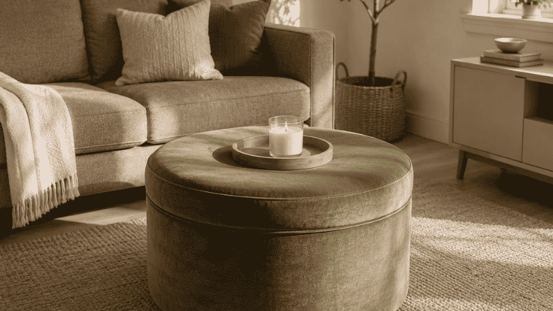 A sage green velvet round storage ottoman in a small living room showing the light-catching pile texture that adds visual richness, functioning as the room's aesthetic anchor with a simple tray on top