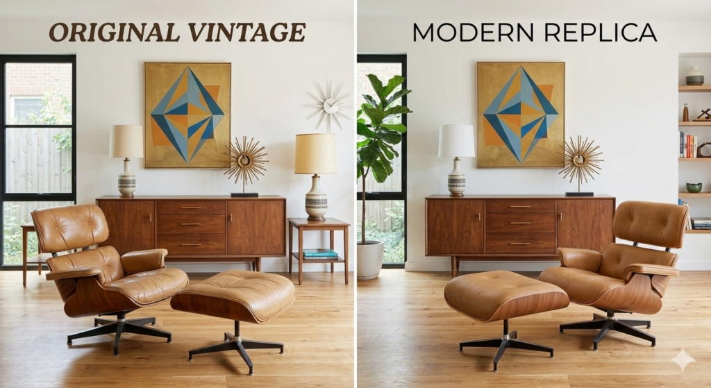 Comparing vintage mid century modern furniture with modern replicas side-by-side.