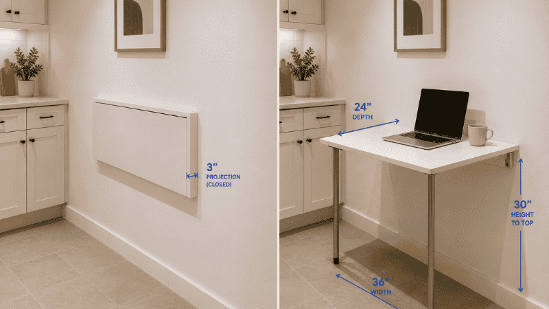 Split view showing a wall-mounted fold-down table in two states: left closed and flush against the wall protruding only 3 inches, right fully open with legs deployed providing a 36x24-inch dining surface