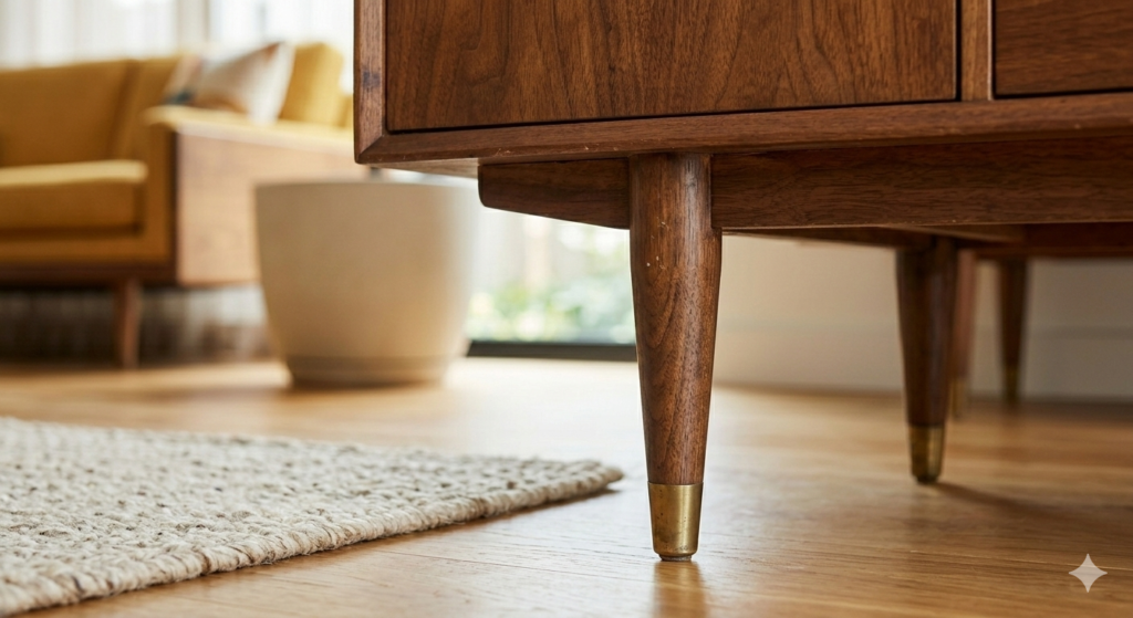 Close-up of walnut wood tapered legs on a mid-century dresser with brass ferrule details.