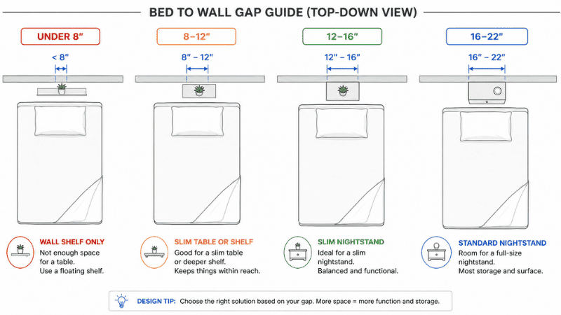 Top-down floor plan showing four bed-side gap widths — under 8 inches, 8–12 inches, 12–16 inches, and 16–22 inches — with the correct bedside solution labeled for each gap size
