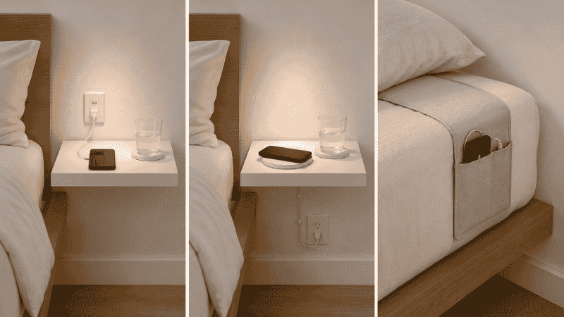 Three phone charging solutions for a small bedside table: left shows a wall USB outlet behind the table with a short cable, center shows a wireless charging pad on the table surface, right shows a bedside caddy clipping to the mattress edge holding phone and cable
