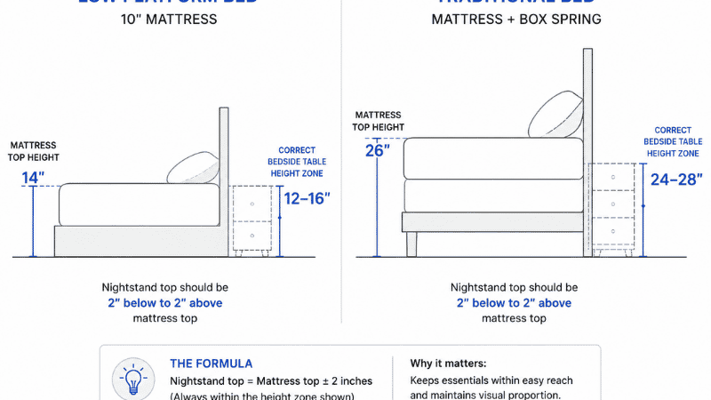Side-profile diagram showing two bed configurations — platform bed with 14-inch mattress top and traditional bed with 26-inch mattress top — with arrows showing the correct bedside table height range for each (12–16 inches vs 24–28 inches)
