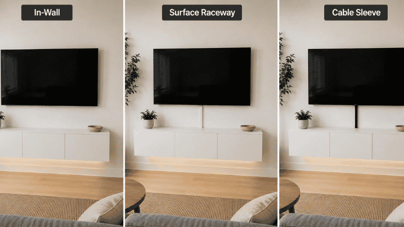 Three cable management methods shown side by side: left shows in-wall routing with completely invisible cables, center shows a surface cable raceway painted white blending into the wall, right shows a black cable sleeve bundling multiple cables into one vertical drop