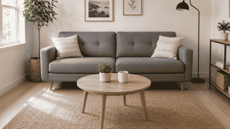 A small living room with a correctly sized 34-inch round light oak coffee table centered 18 inches in front of an 80-inch gray sofa, showing the proportional relationship between sofa and table with clear walkways on both sides