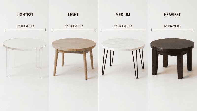 Four coffee tables shown left to right from lightest to heaviest visual weight: glass acrylic, light oak wood, thin metal hairpin legs, and dark walnut — showing how material affects the perceived size in a small living room