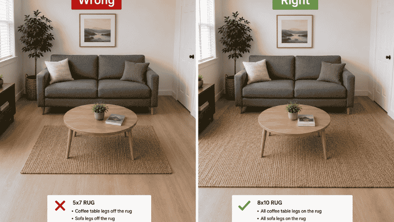Split view showing rug sizing done wrong and right: left shows a coffee table with legs half-on half-off a too-small rug looking disconnected, right shows a properly sized rug with all coffee table legs on the rug and 6 inches of rug visible between the table legs and sofa front legs