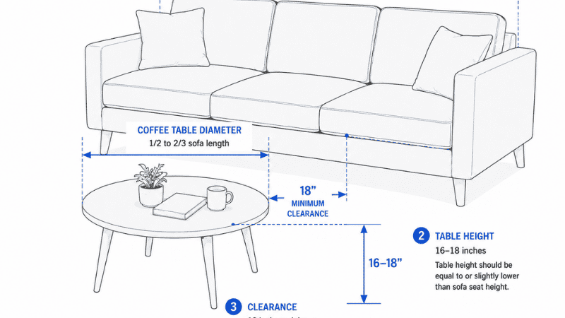 Side-profile and top-view diagram of a sofa and coffee table showing three measurement rules: length at 1/2 to 2/3 sofa, height within 2 inches of seat cushion, and 18-inch clearance gap — with annotation arrows for each dimension