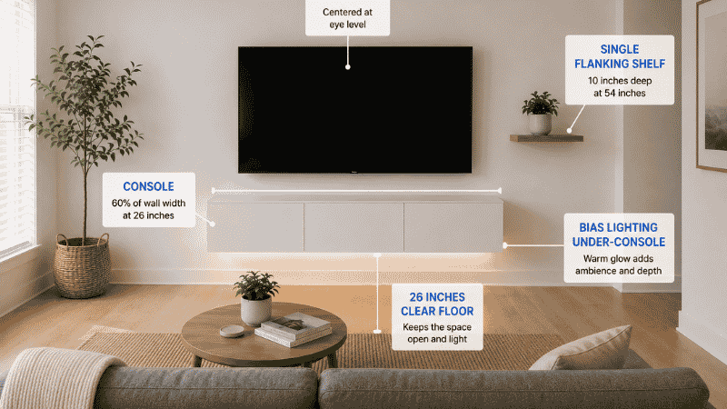 A complete small living room TV wall showing all system elements: a 60-inch floating console at 26 inches with LED under-lighting, TV centered above at eye level, one floating shelf on the right with a plant, and no floor furniture touching the wall — demonstrating the complete TV wall formula