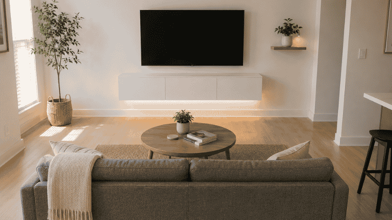 A small living room featuring a 60-inch white floating media console mounted at 26 inches height with a 55-inch TV centered above it, LED bias lighting glowing beneath the console, and 26 inches of clear floor space visible below — no floor furniture touching the TV wall