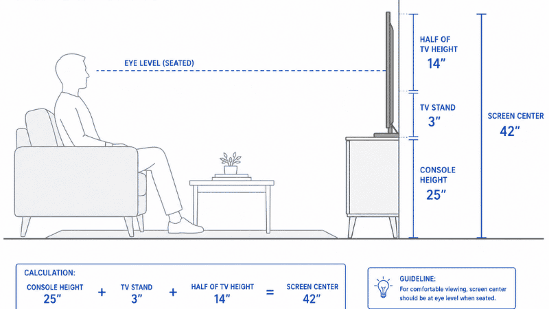 Side-profile diagram of a living room showing a floating console at 25 inches with measurement annotations: console height 25 inches, TV stand 3 inches, TV half-height 14 inches, resulting in 42-inch screen center height aligned with a seated person's eye level