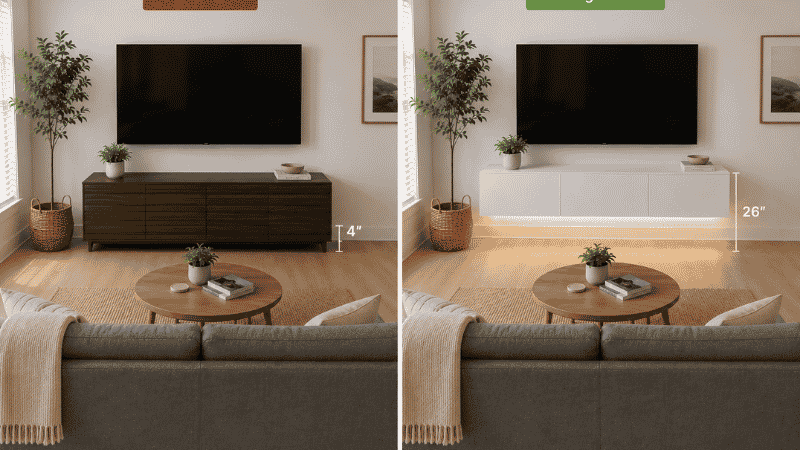 Side-by-side of the same small living room: left with a floor-standing TV cabinet on 4-inch legs showing minimal floor gap and heavier visual weight, right with a floating media console at 26 inches showing the full floor beneath and making the room feel more open